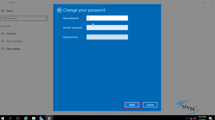 Changing the password in RDP 2016 through server settings