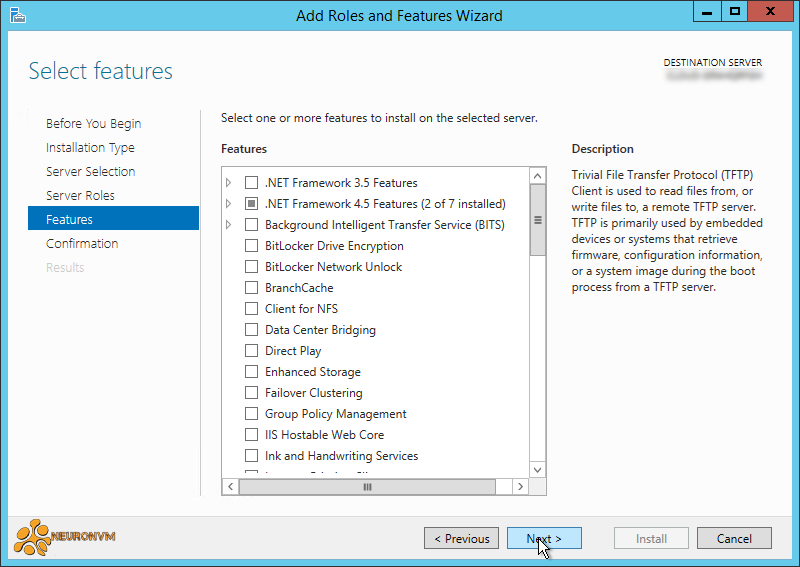 how to select features and roles on server manager of rdp 2012