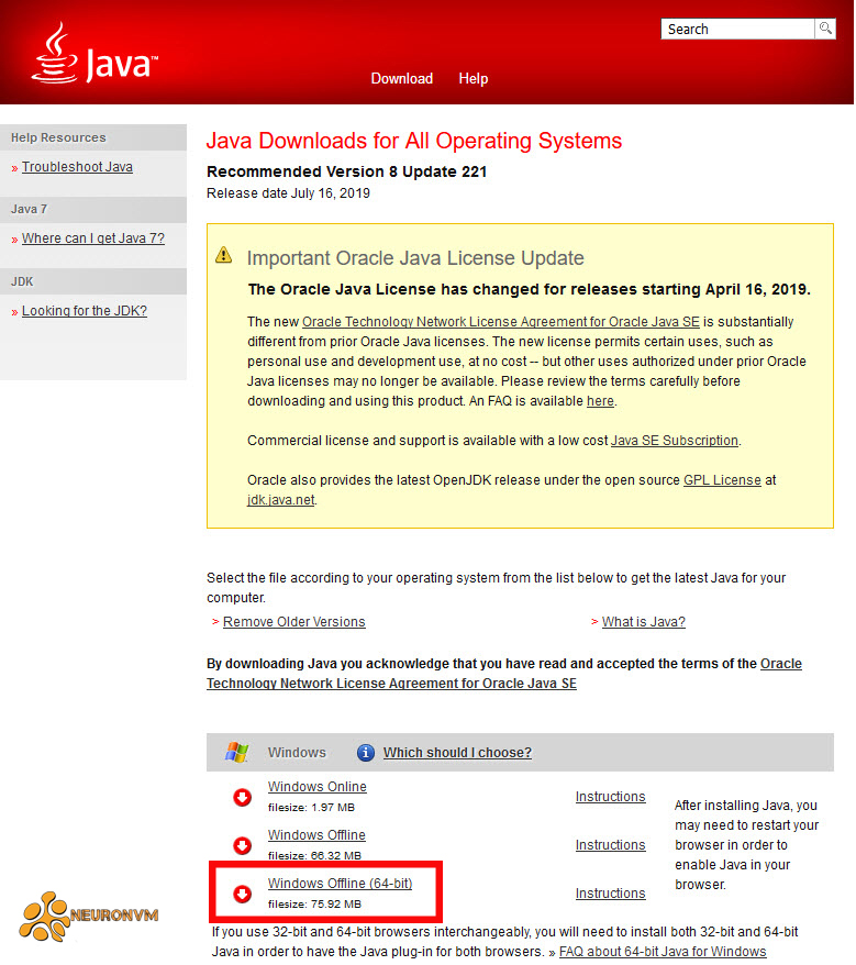 download java for windows server 2016