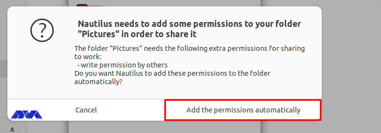 add permissions message on samba