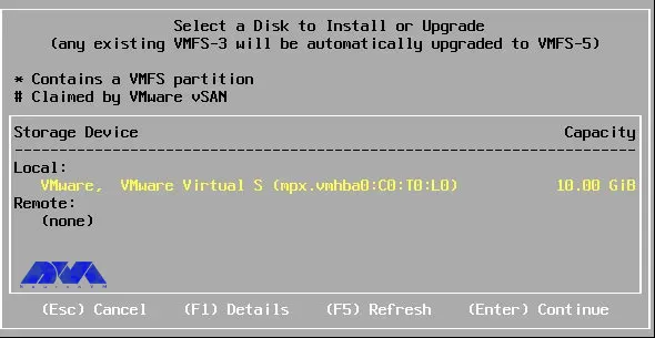 how to select a disk to install vmware esxi