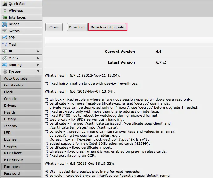 download and upgrade packages in mikrotik