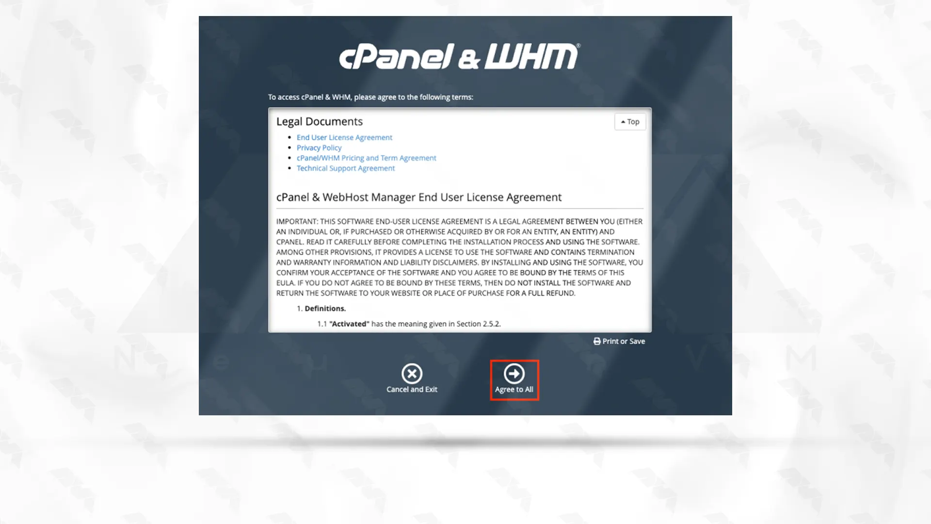 cPanel license agreements