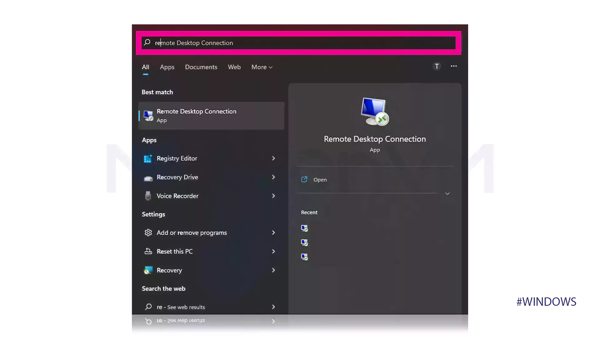 Connecting to a VPS in Windows 11 using the Start Menu