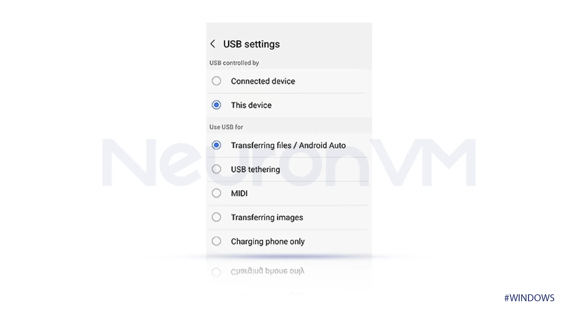 Go to USB setting and select transferring files