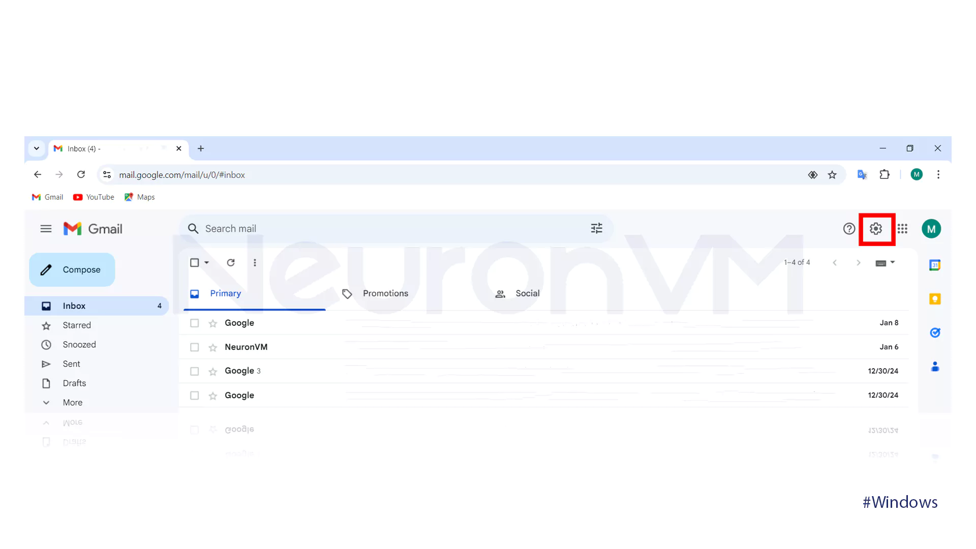 Check the region of a Gmail account on Windows: step one