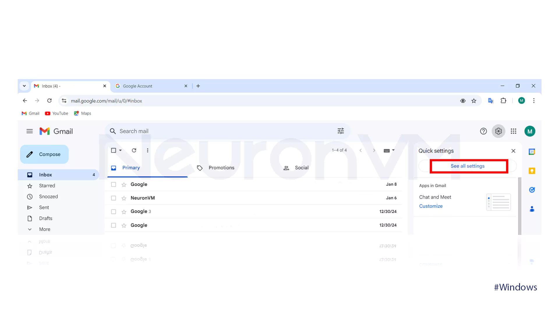 Check the region of a Gmail account on Windows: step two