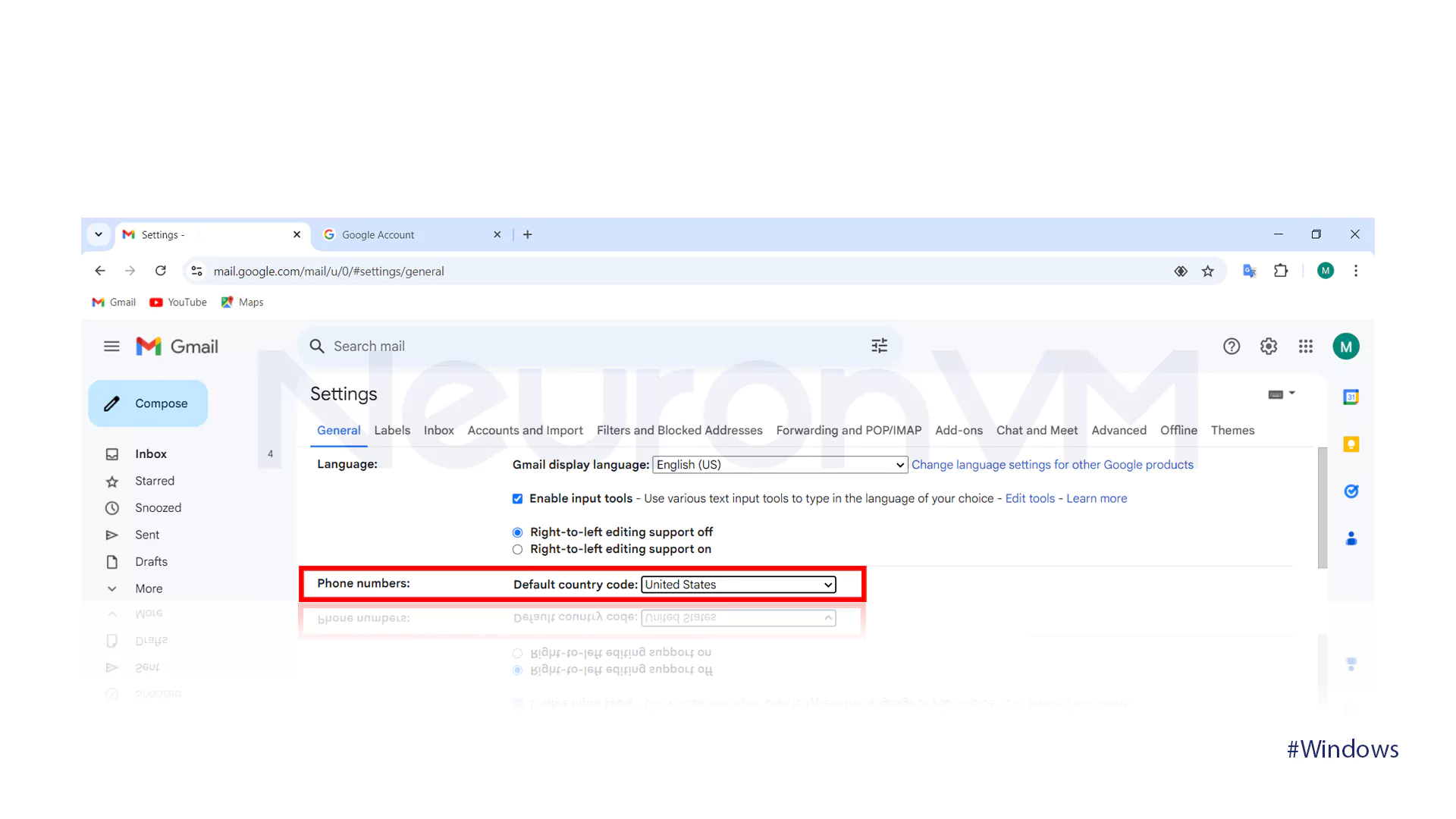 Check the region of a Gmail account on Windows: step three