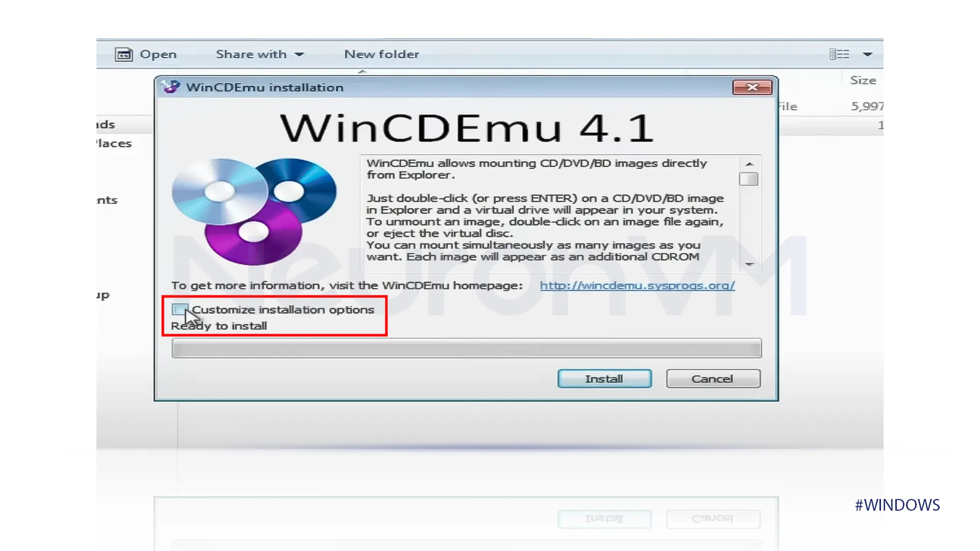 turn on customize installation option and Administrator rights on