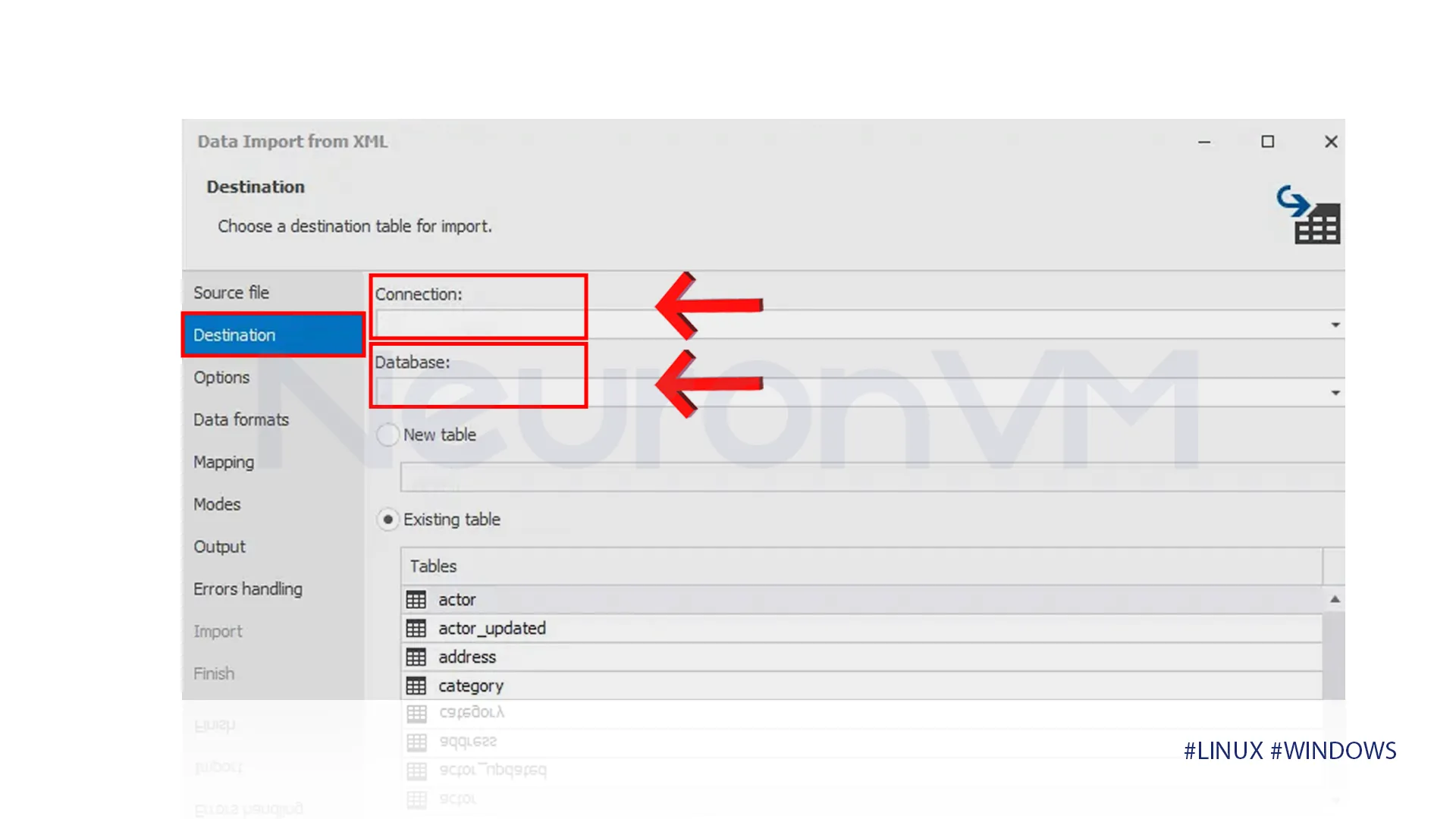 specify the connection and database tabs