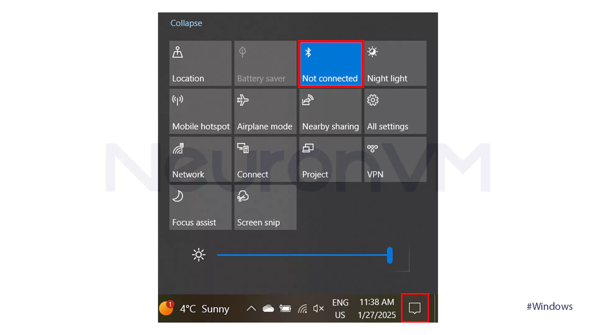 Enable Bluetooth on Windows using Action Settings - 1