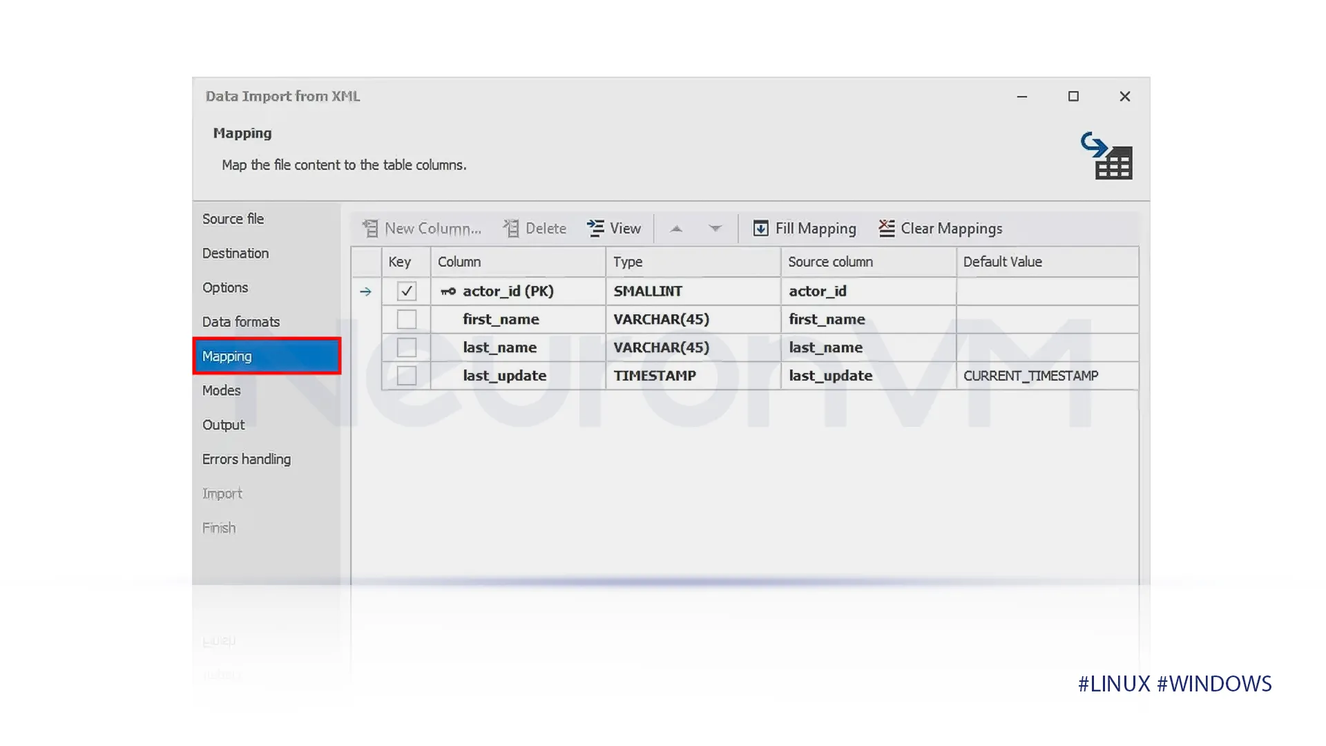 match the columns from XML to columns in the database tables