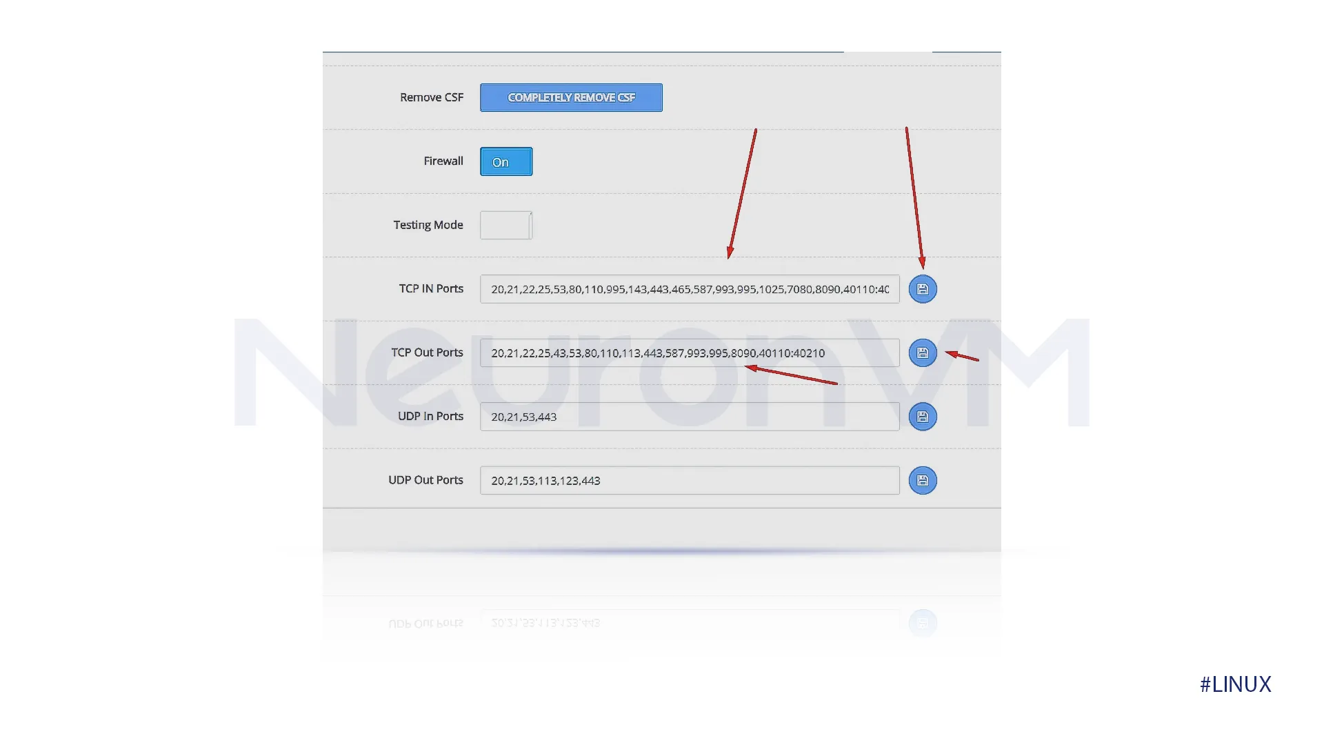 add the TCP in, TCP out, UDP in, and UDP out ports to the input box and save it