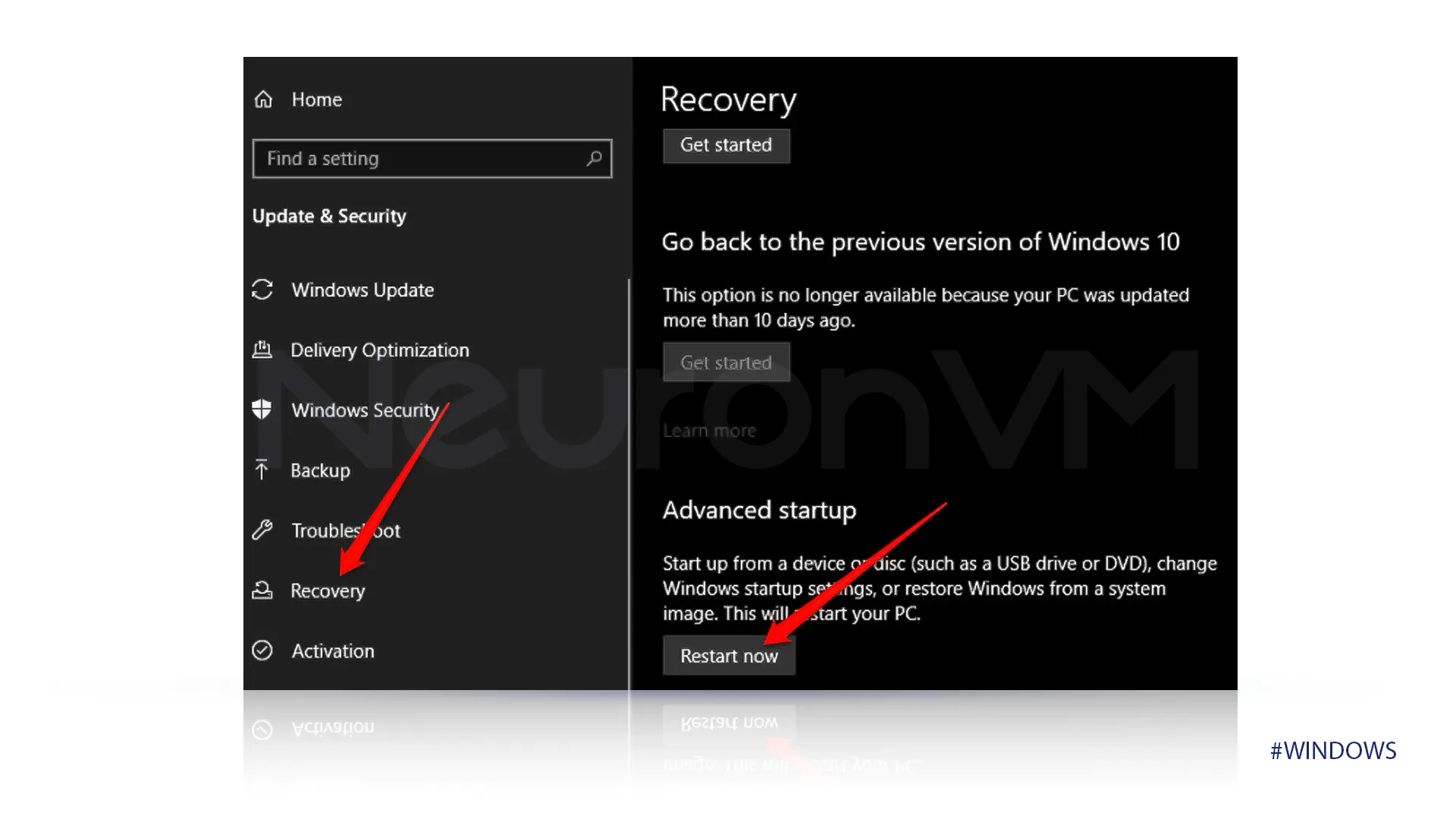 select recovery then click on restart now.