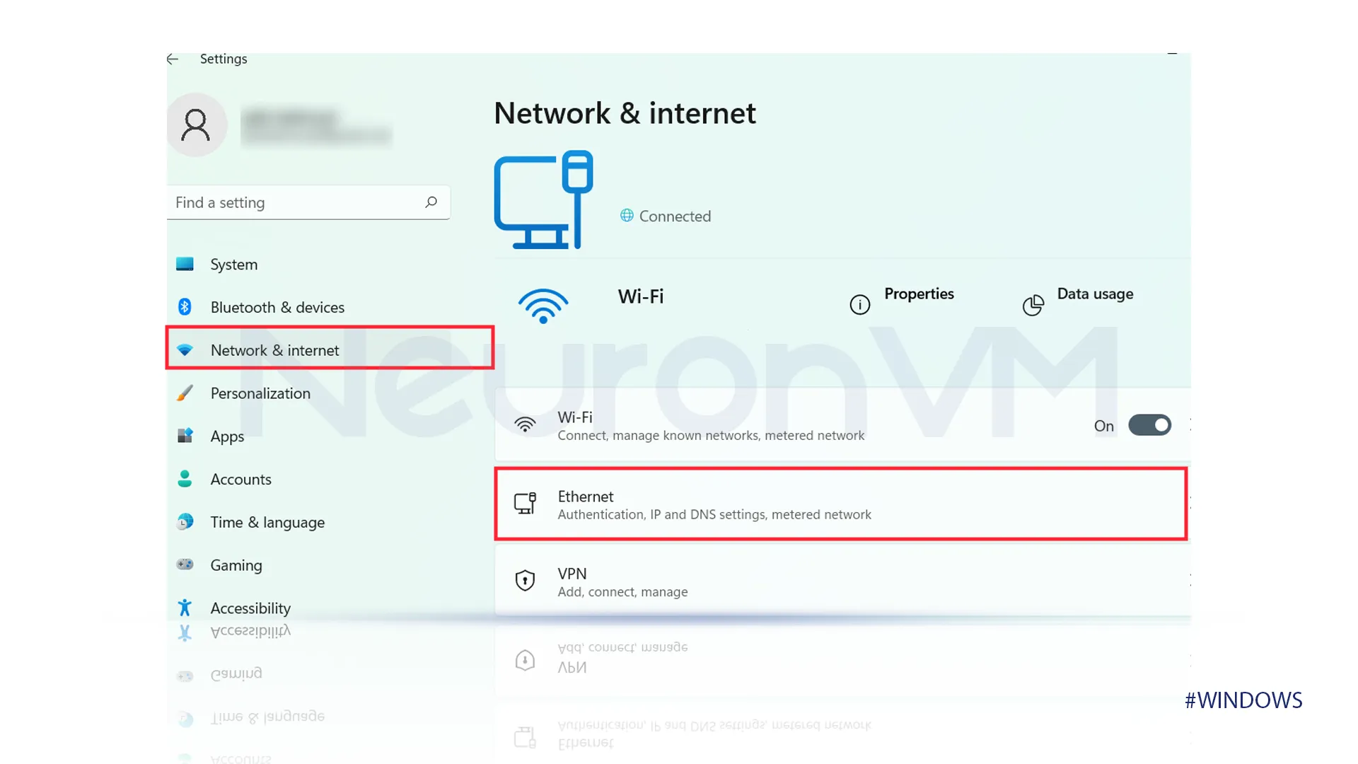 in settings, select network then ethernet.