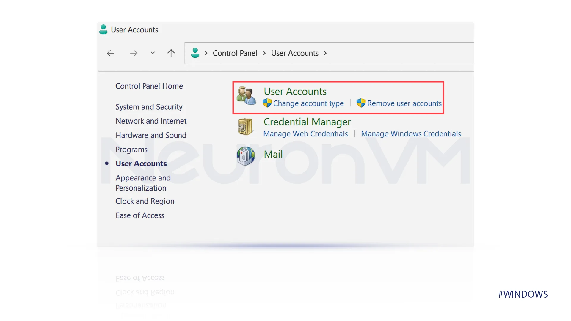 open control tab and select user accounts.