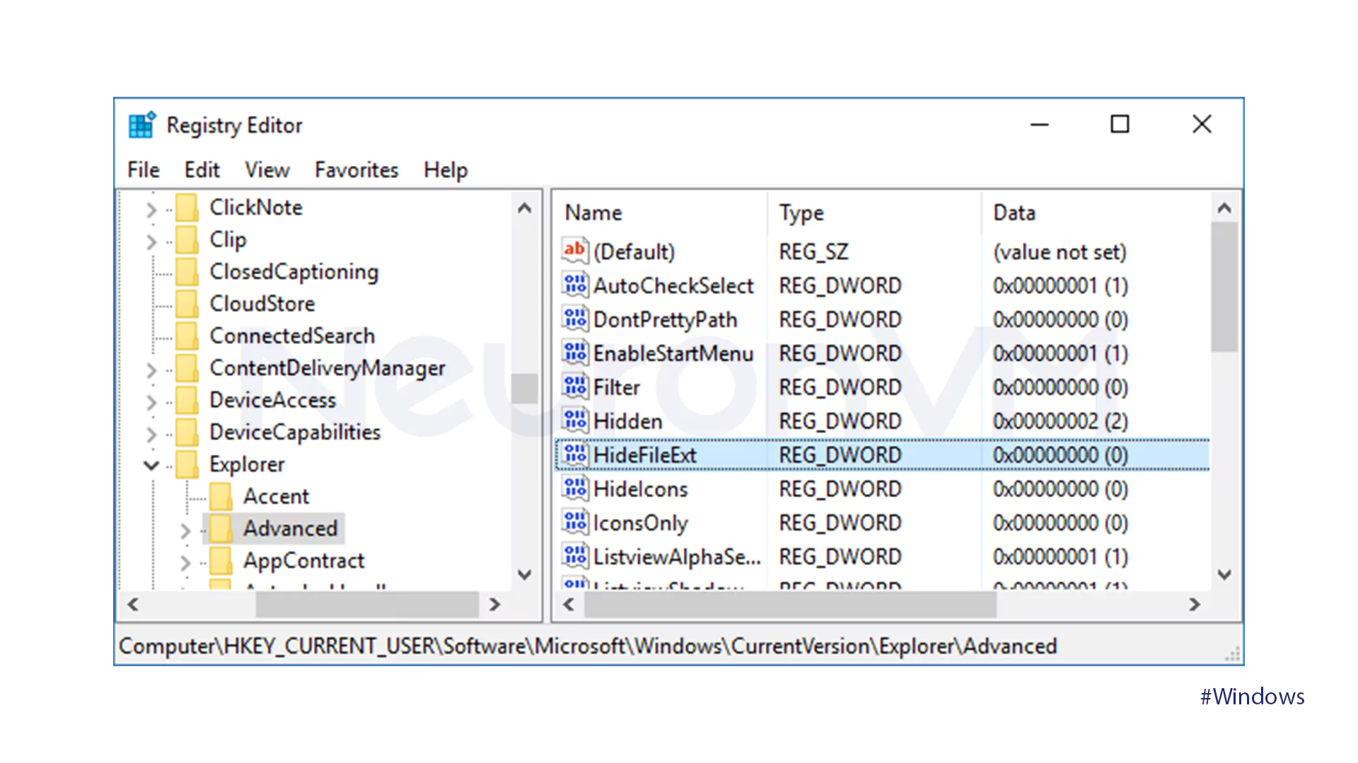 Hide File Extensions with Registry Editor - 2