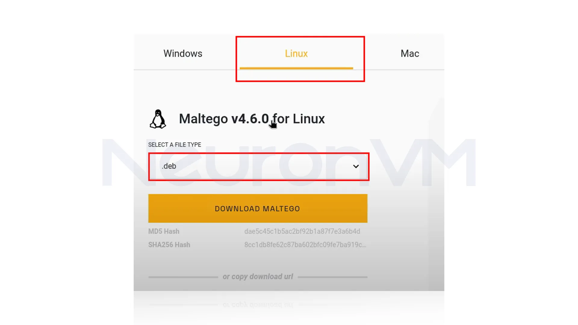 Select Linux, then change file type to .deb