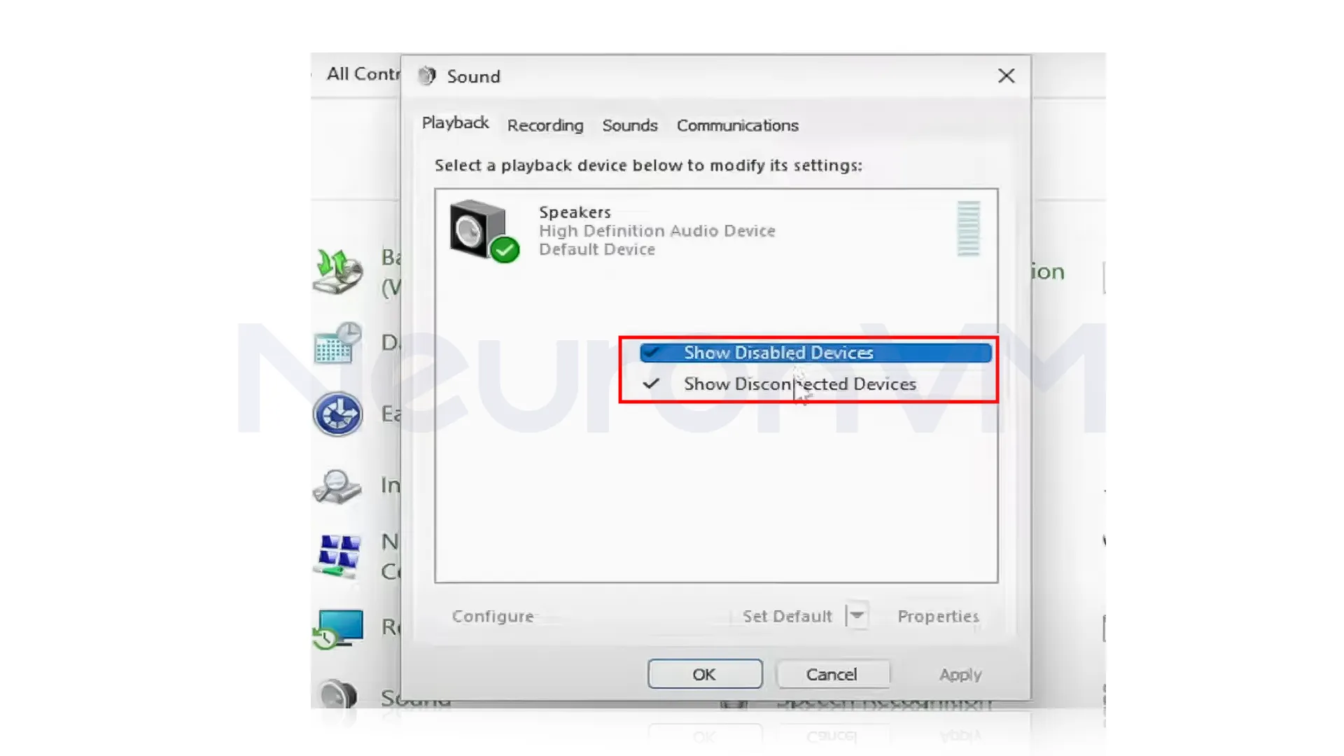 make sure both Show Disabled Devices and Show Disconnected Devices are turned on
