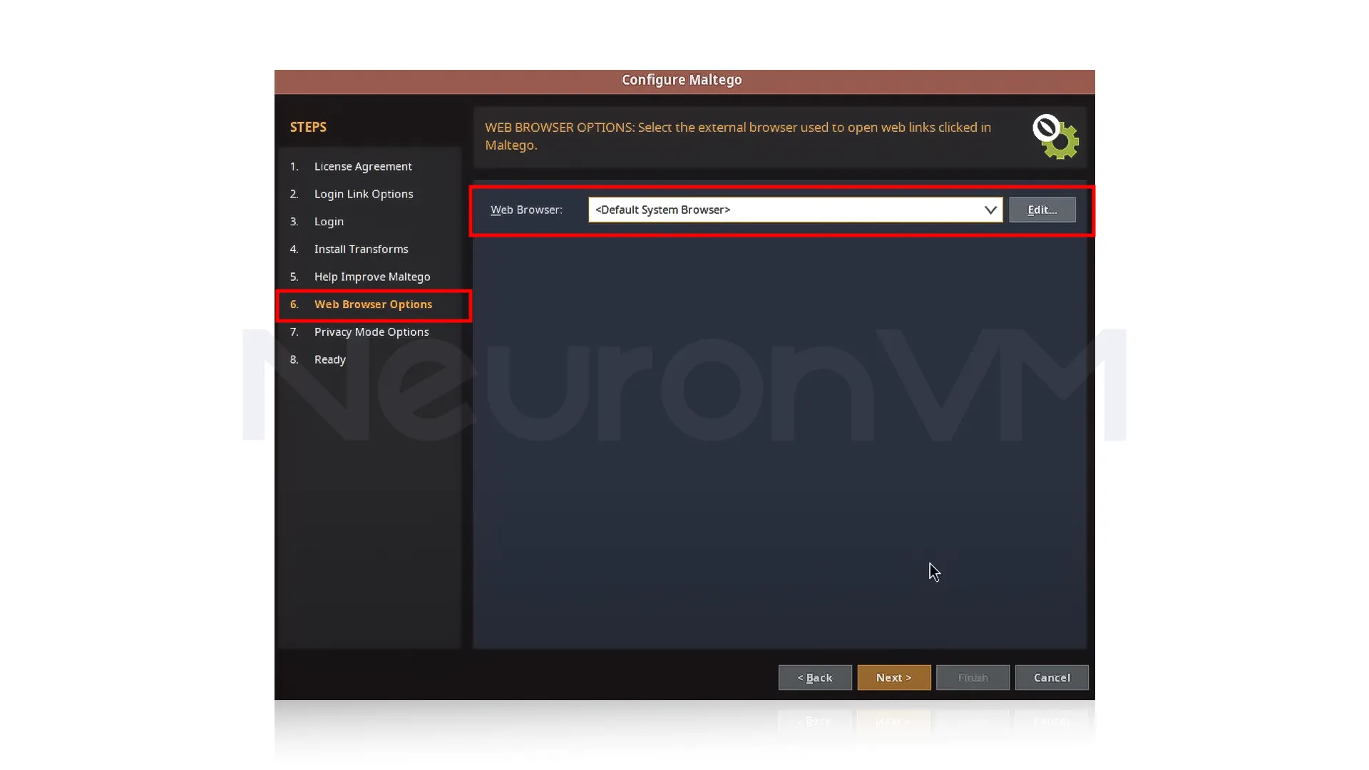 finish the "Configure Maltego" tab by selecting the default system browser