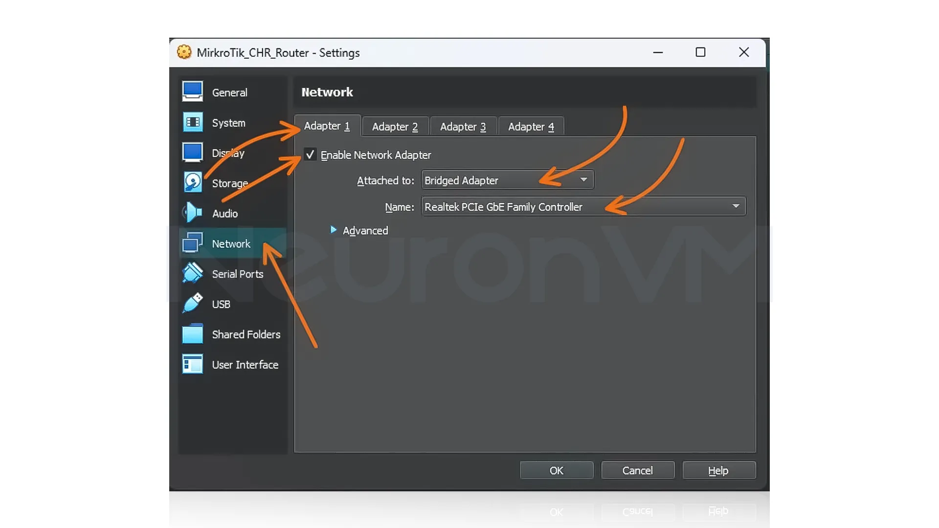 change the  "Attached To: " option from NAT to Bridged Adapter