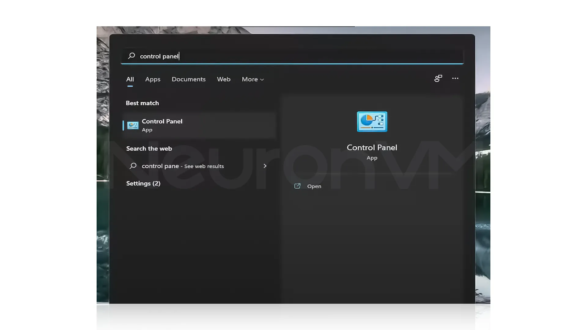 "Control Panel" into the search bar