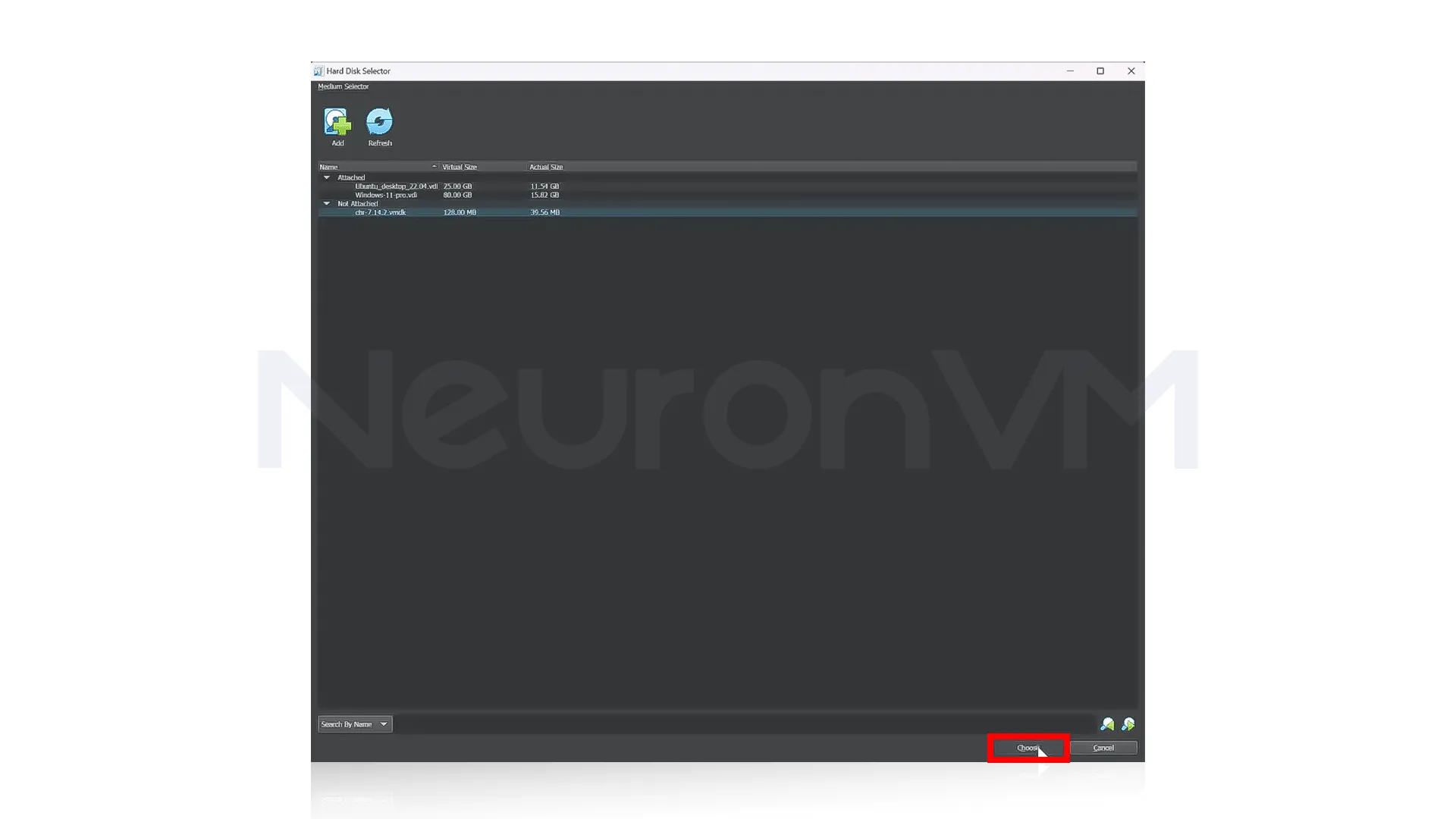 elect the VMDK file from the list and click "Choose" to confirm your selection.
