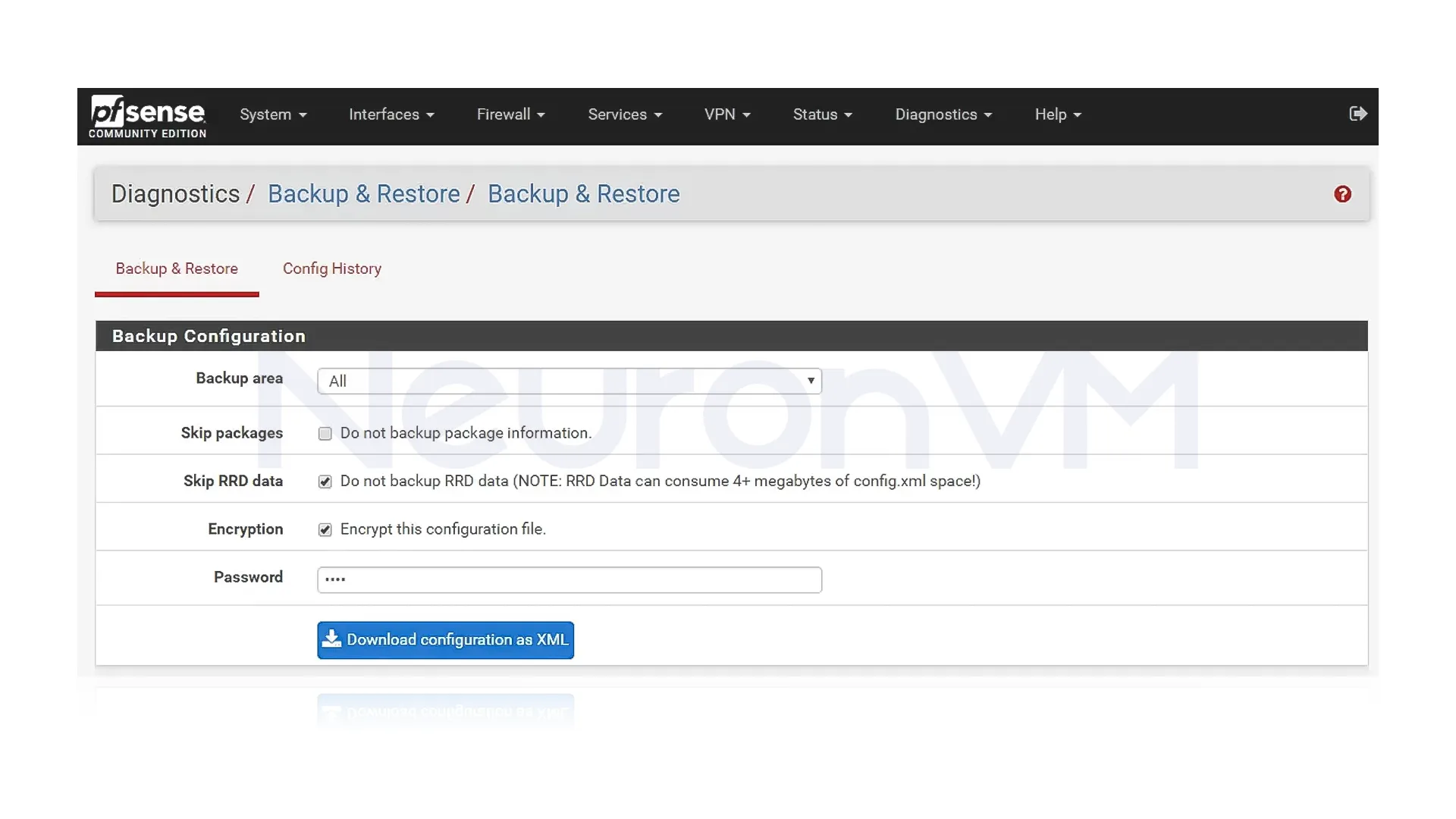 go to the "Diagnostics" menu and click on "Backup & Restore" and make sure the file type is set to XML then click "Download Configuration" to save the file and keep this file somewhere safe like USB.