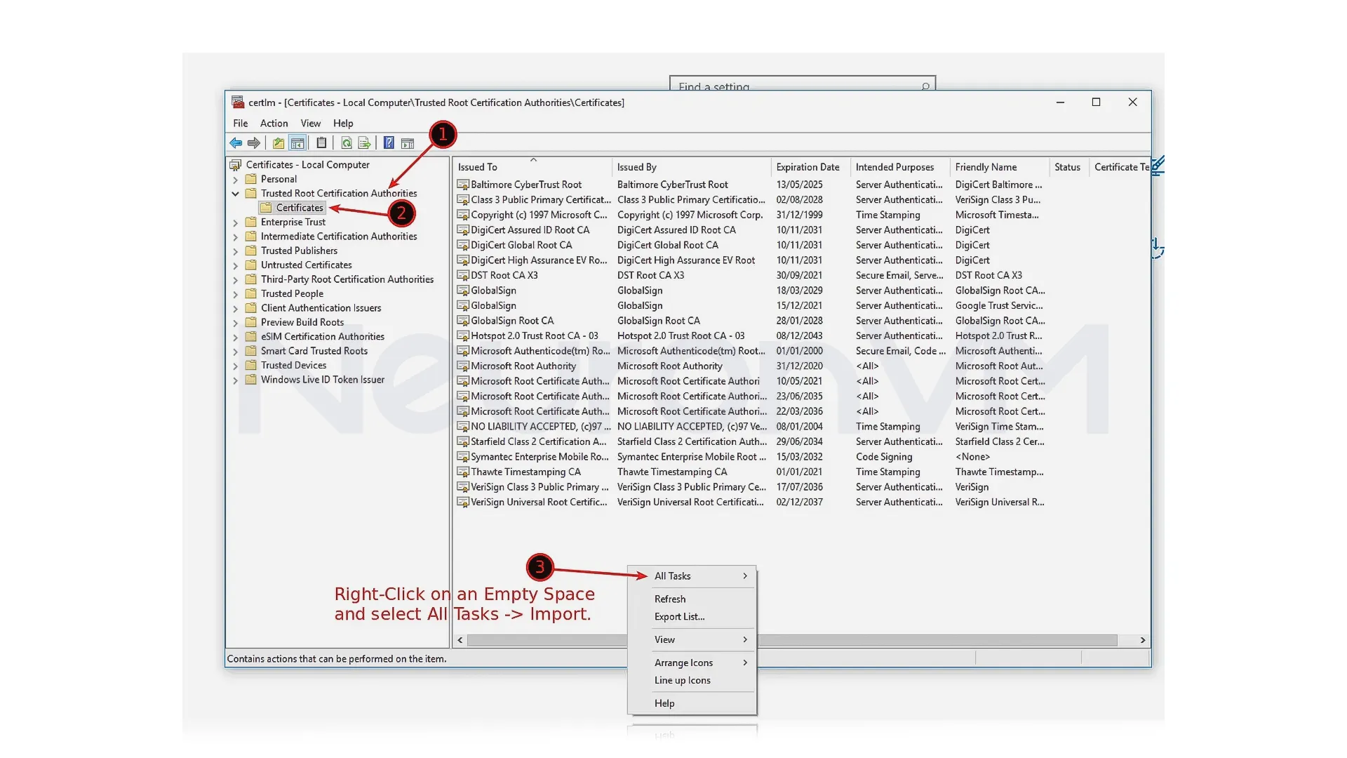 you need to import the Root-CA, open Windows Settings, search for "Certificate", and then click on "Manage Computer certificates" to open the certificate manager.