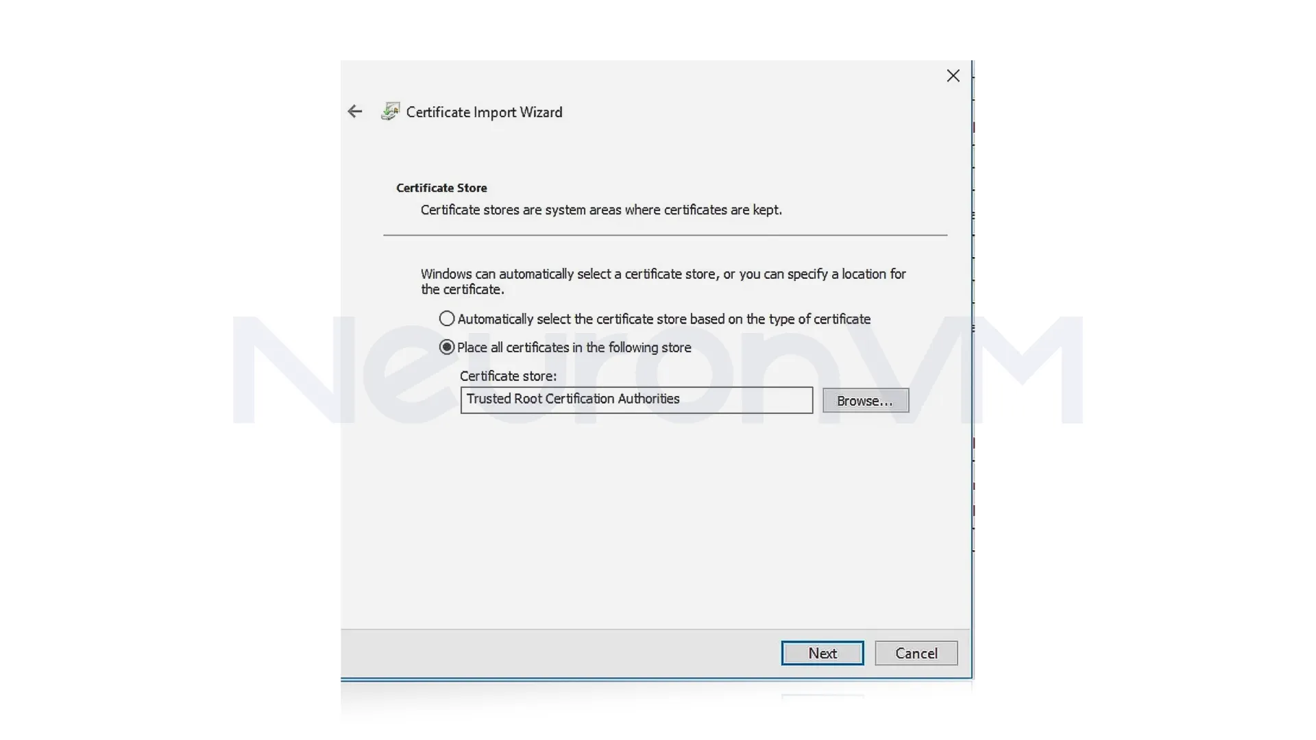 Choose the option "Place all certificates in a specific store"