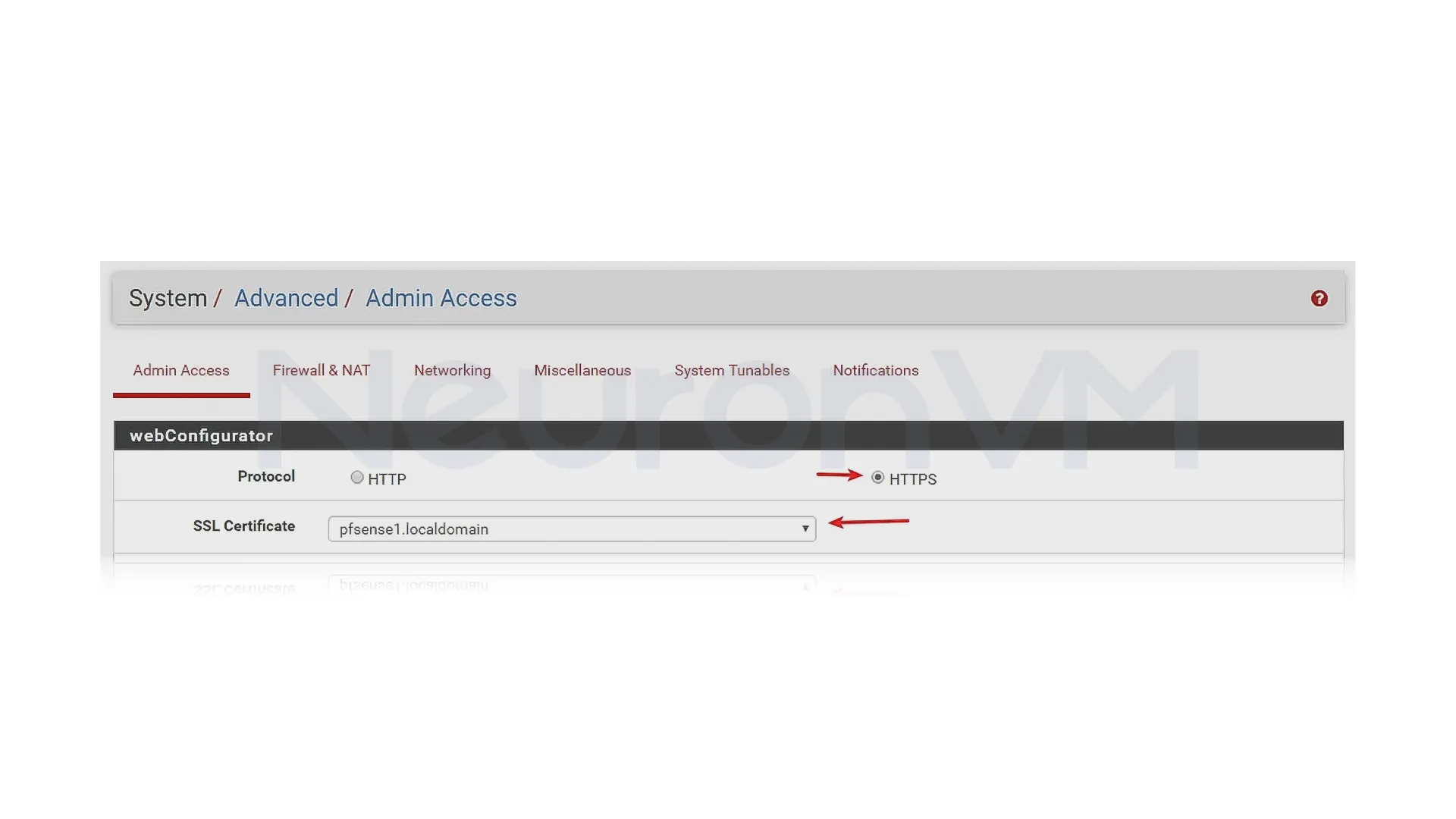 o to System > Advanced > Admin Access, make sure the Protocol is set to HTTPS, then change the SSL Certificate to the one you created earlier, scroll down, click save, and restart your web browser,