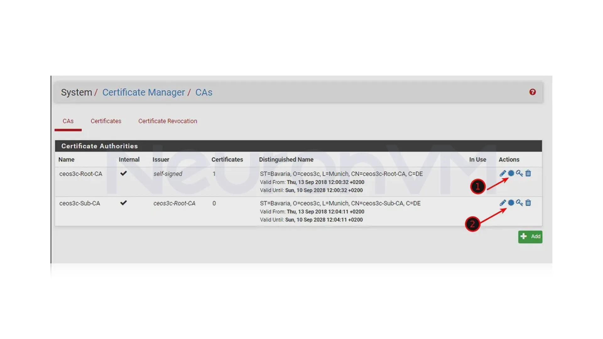 To export the Certificate Authorities, go to System > CAs