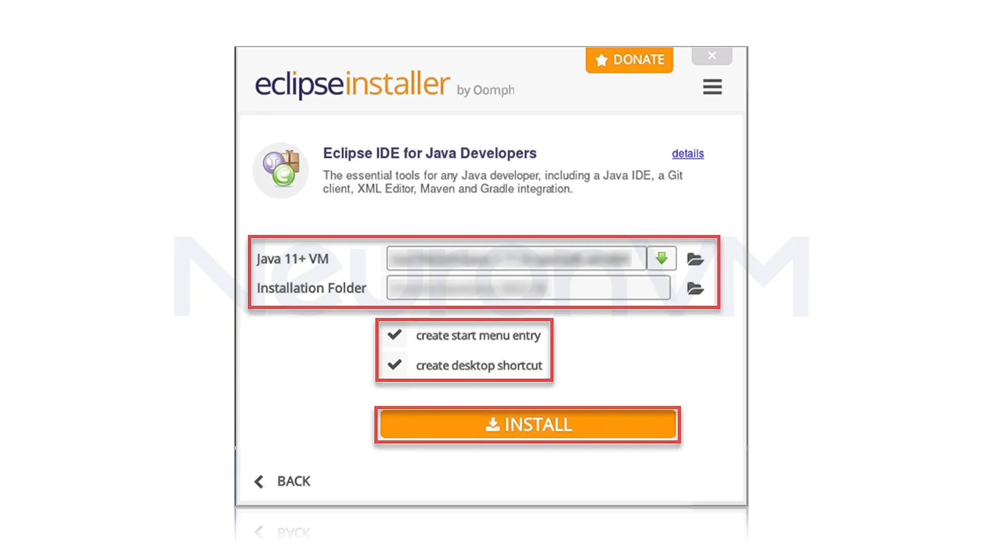 select your Java version and the folder where the Eclipse will be installed