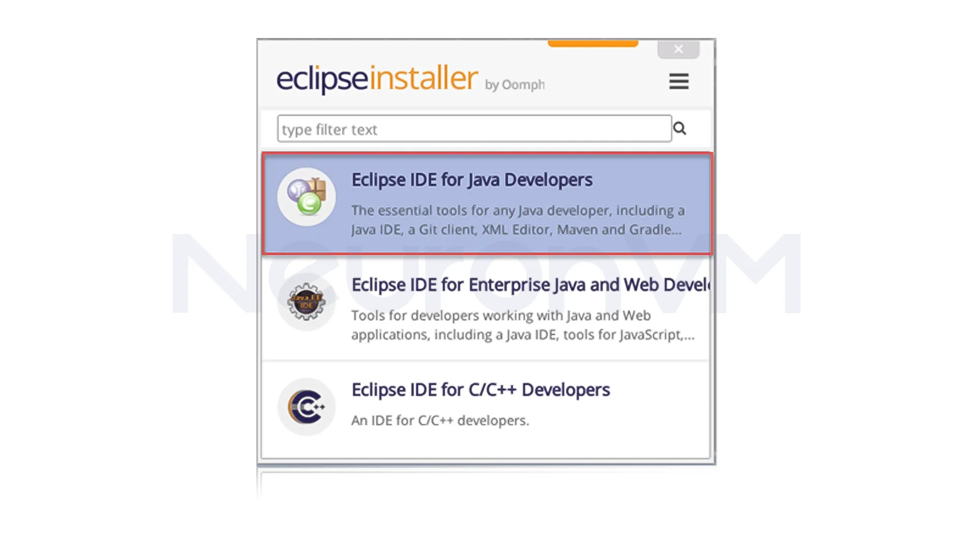 you will see a different list of Eclipse IDE version
