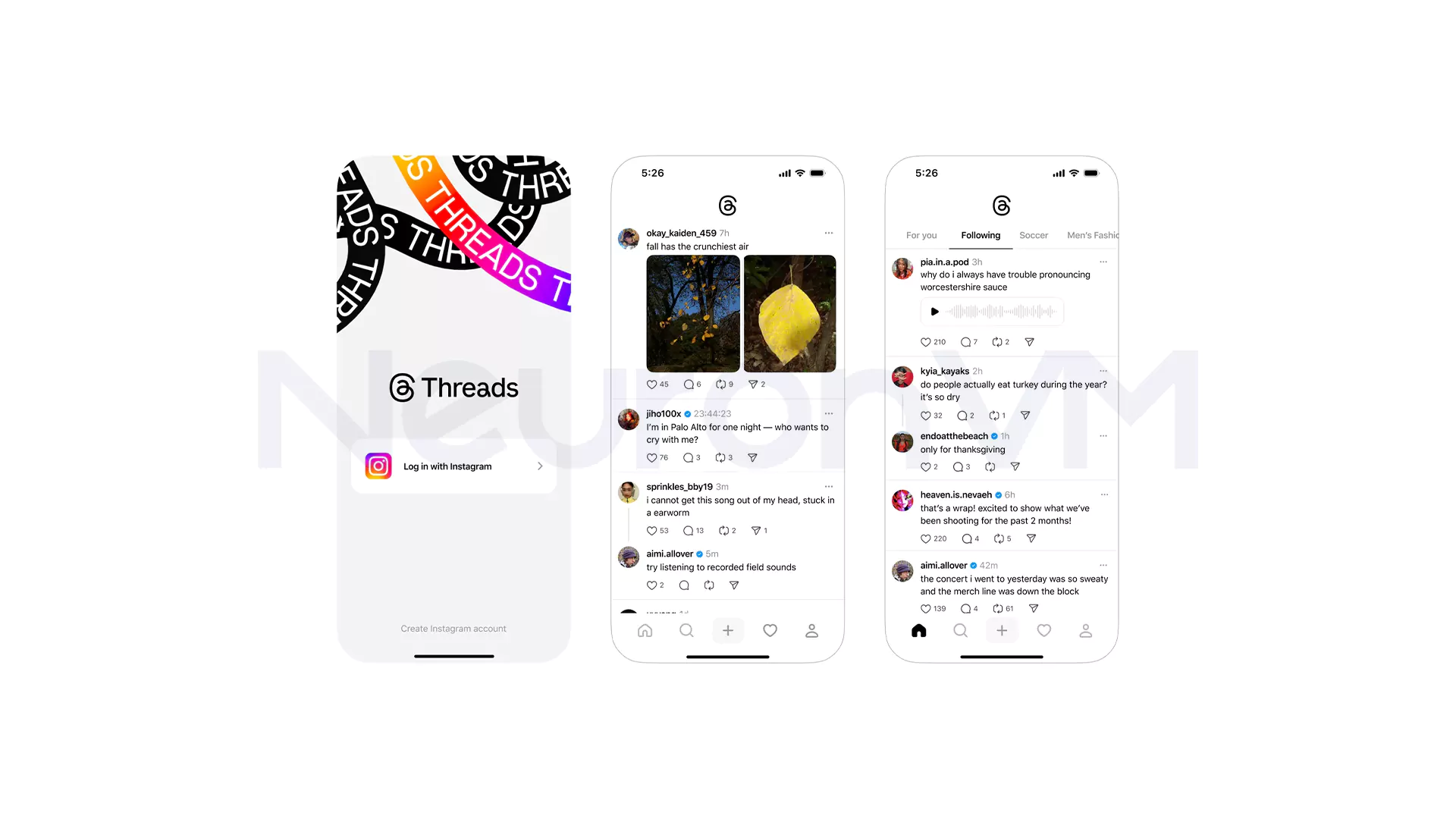 Threads icon and UI showing short tweets and current trends