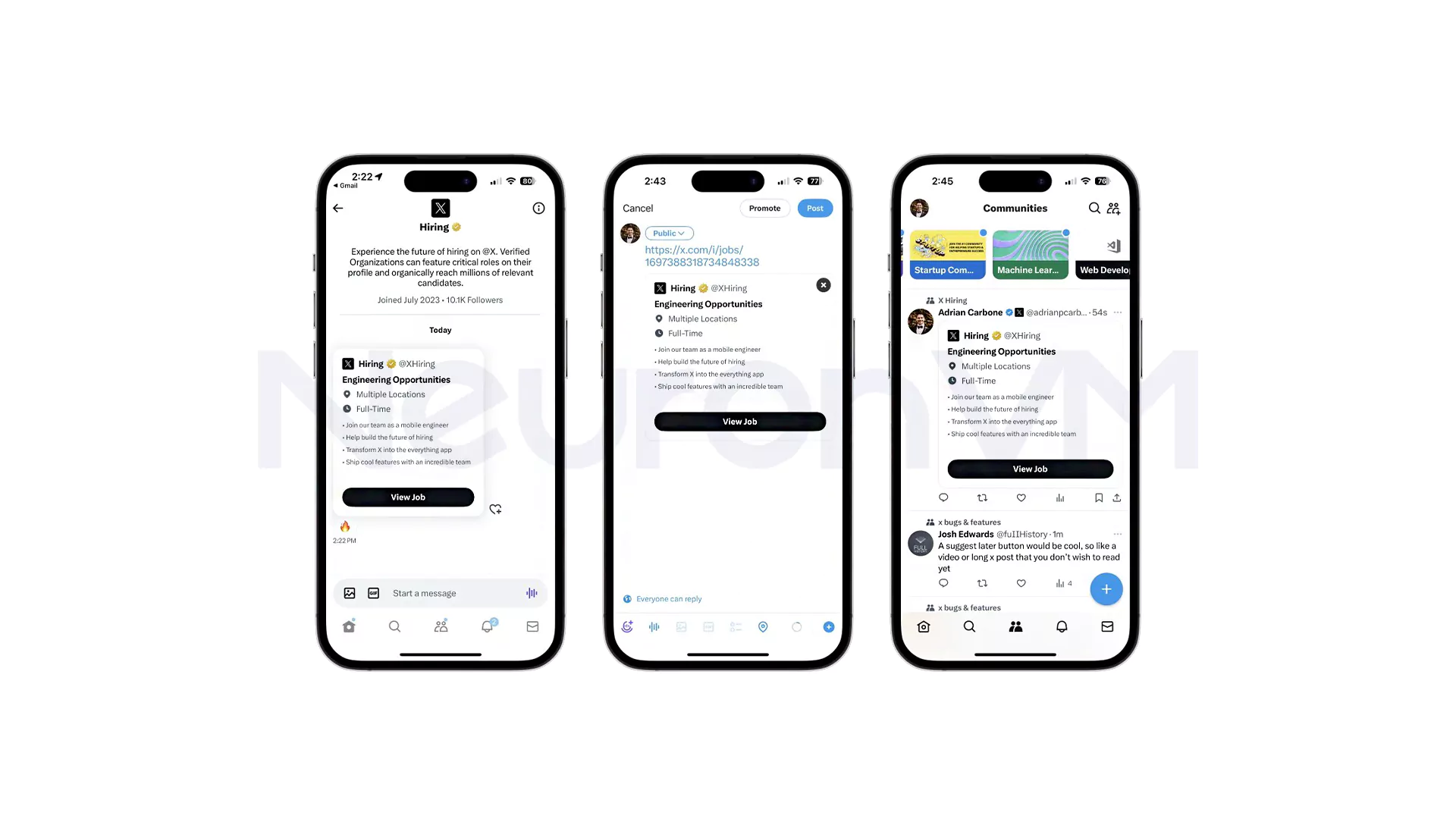 Twitter (X) icon and UI showing short tweets and current trends
