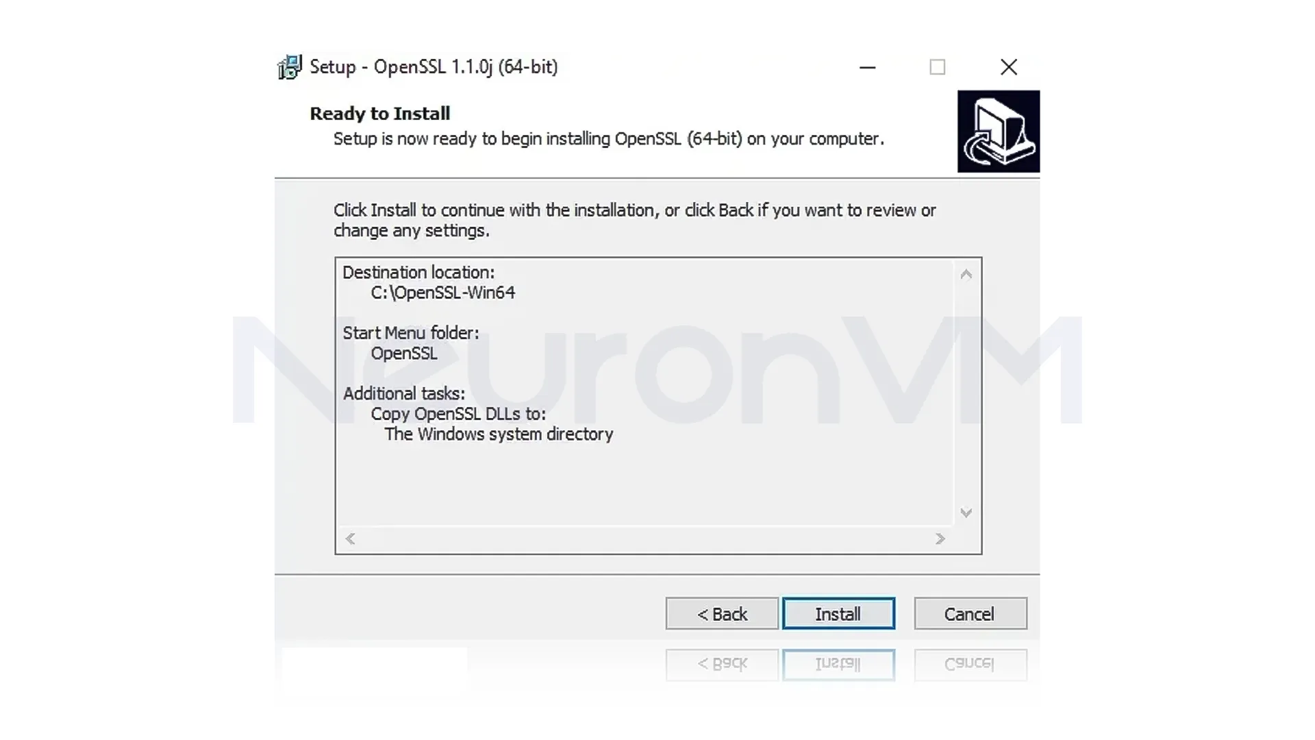 click ''Install'' to start the installation of OpenSSL