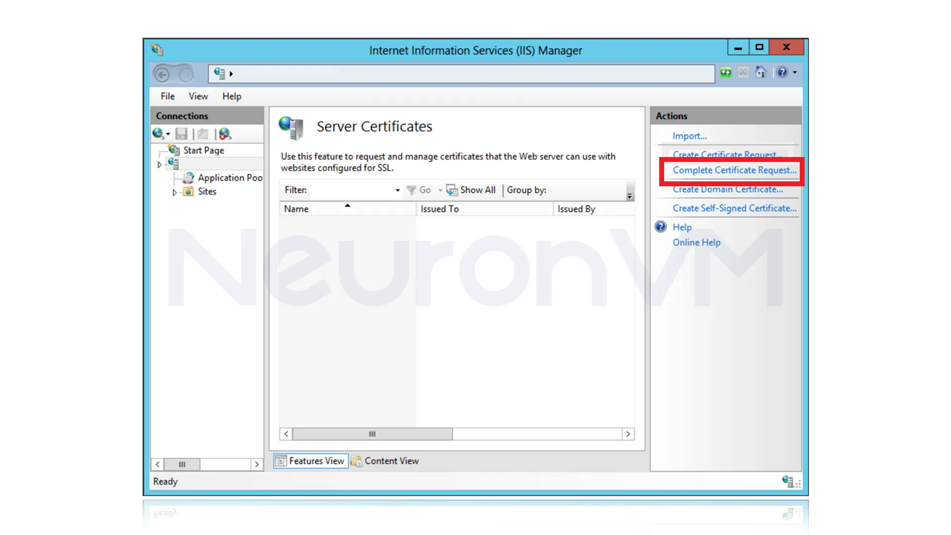 in the Actions section, click Complete Certificate Request.