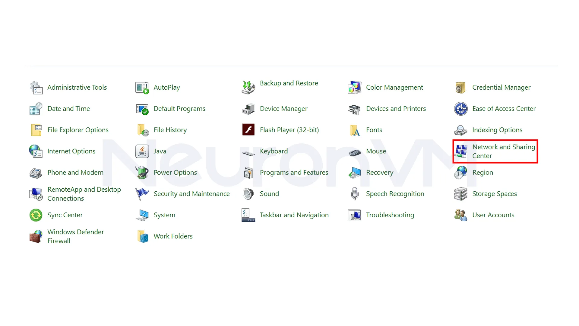 Go to the Network and Sharing Center section.