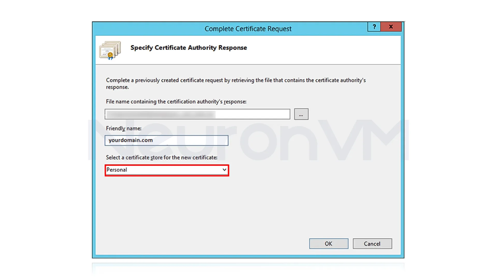 Choose a name for the certificate and specify a suitable storage location