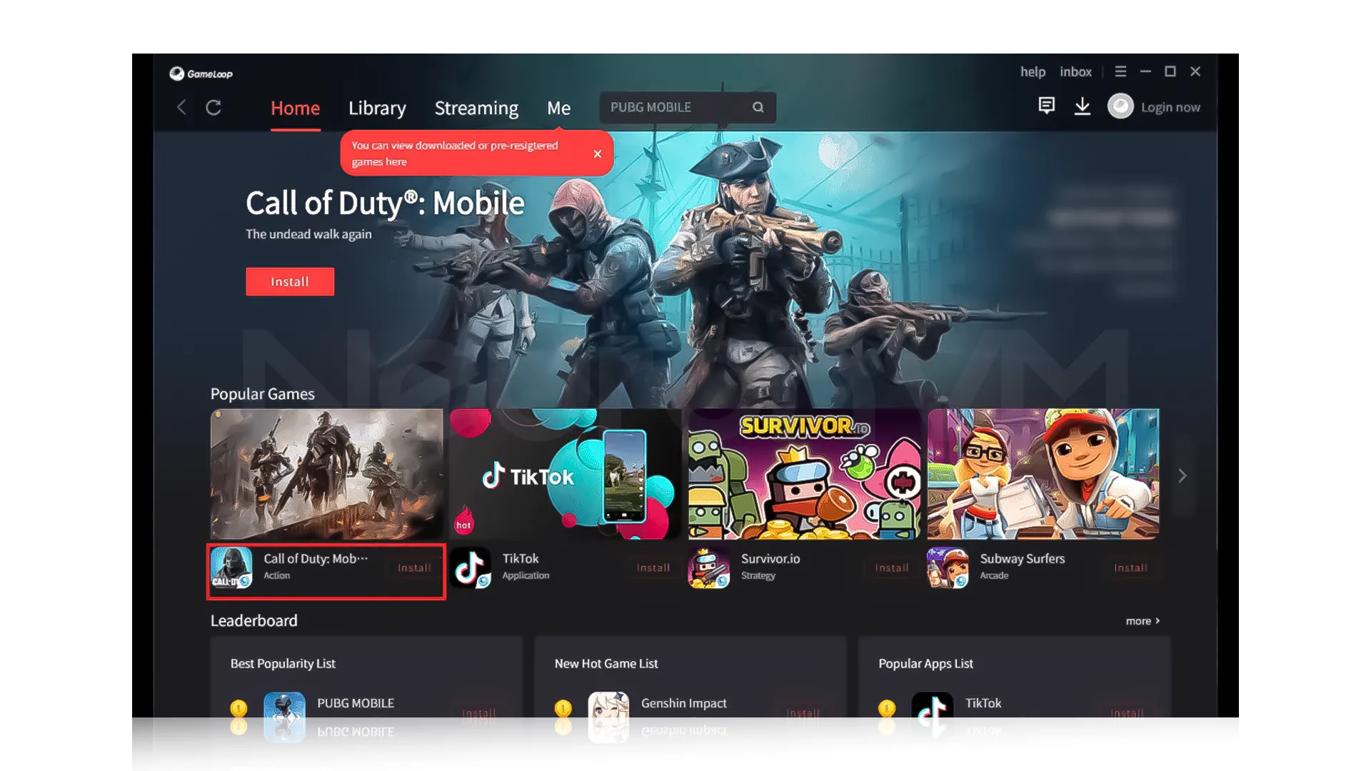 Gameloop homepage, below