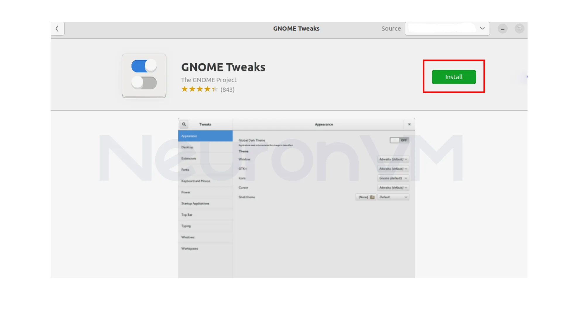 On the Gnome Tweaks application page, click on the "Install" button:
