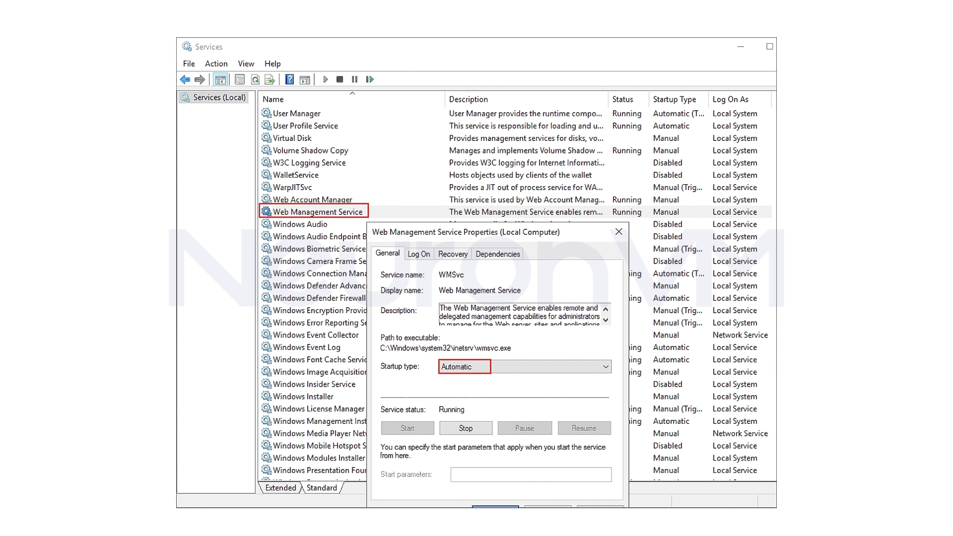 Click auto to enable IIS Management Service automatically