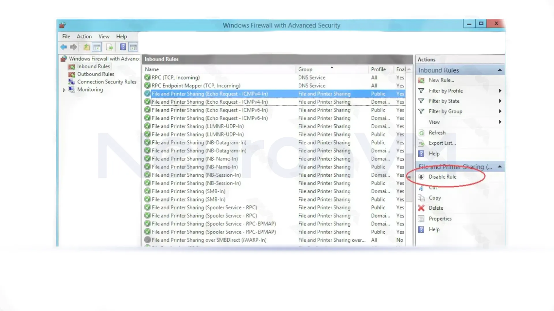 Select the File and Printer Sharing rule and then click Disable Rule