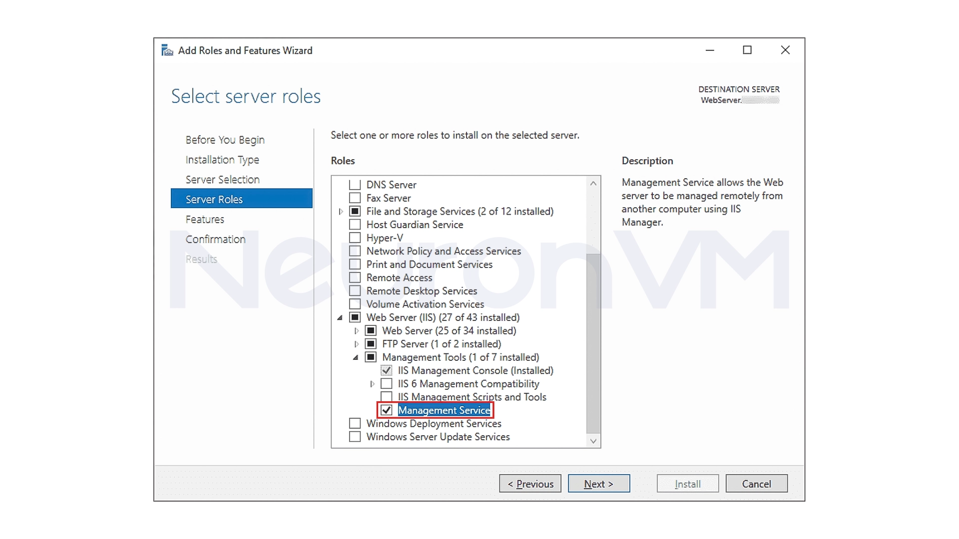 Management Service option to provide remote management of IIS.