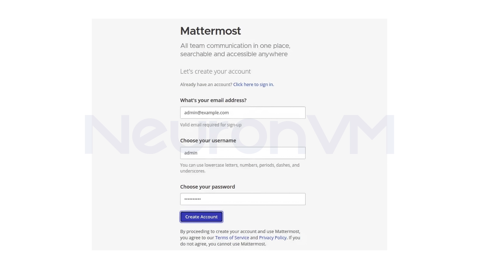 Create a main user to access Mattermost