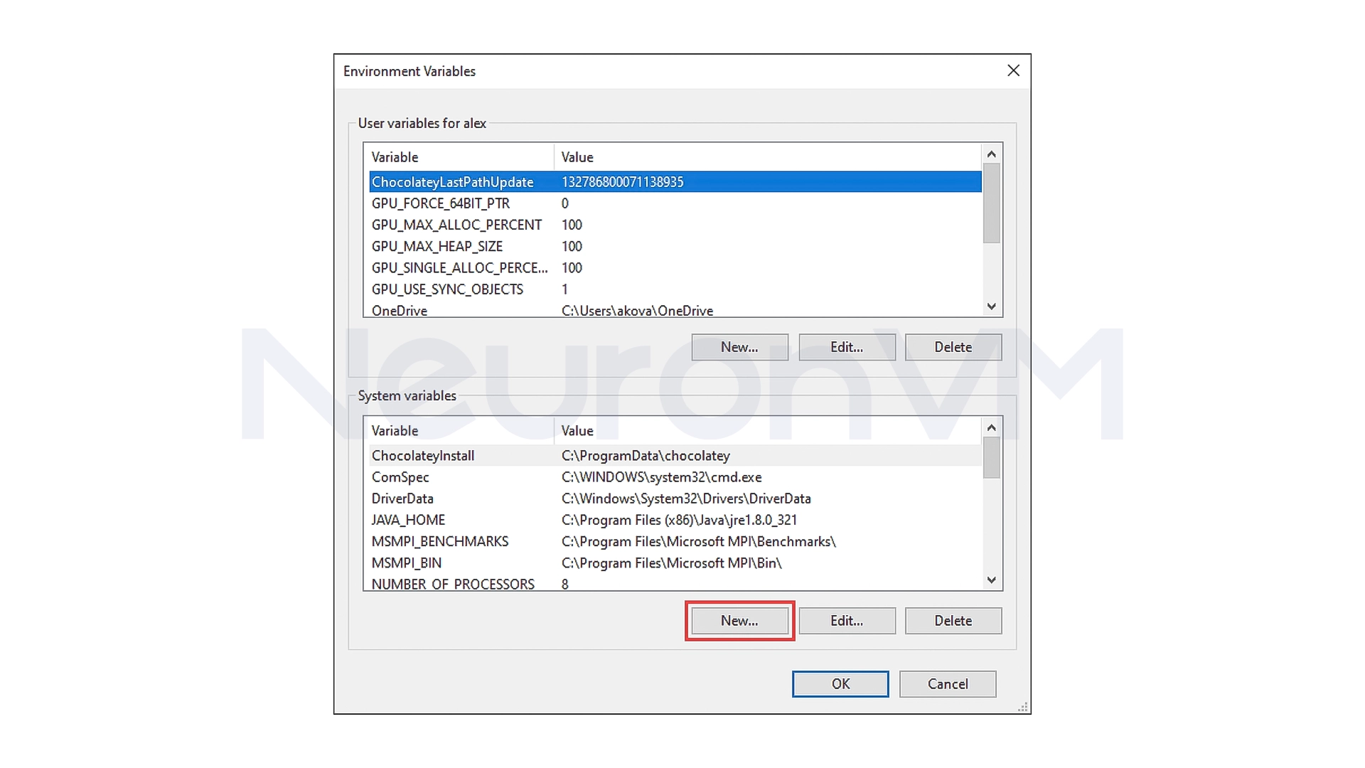 click New, under the system variables.