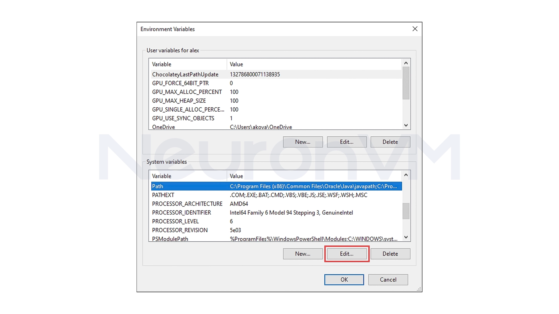 In System variables, click Edit.