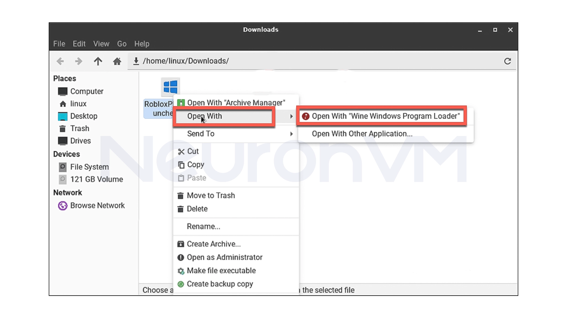 Select Open With -> Wine Windows Program Loader.