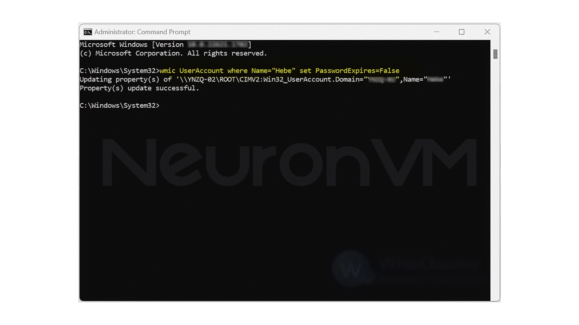 wmic UserAccount where Name="Username" set PasswordExpires=False